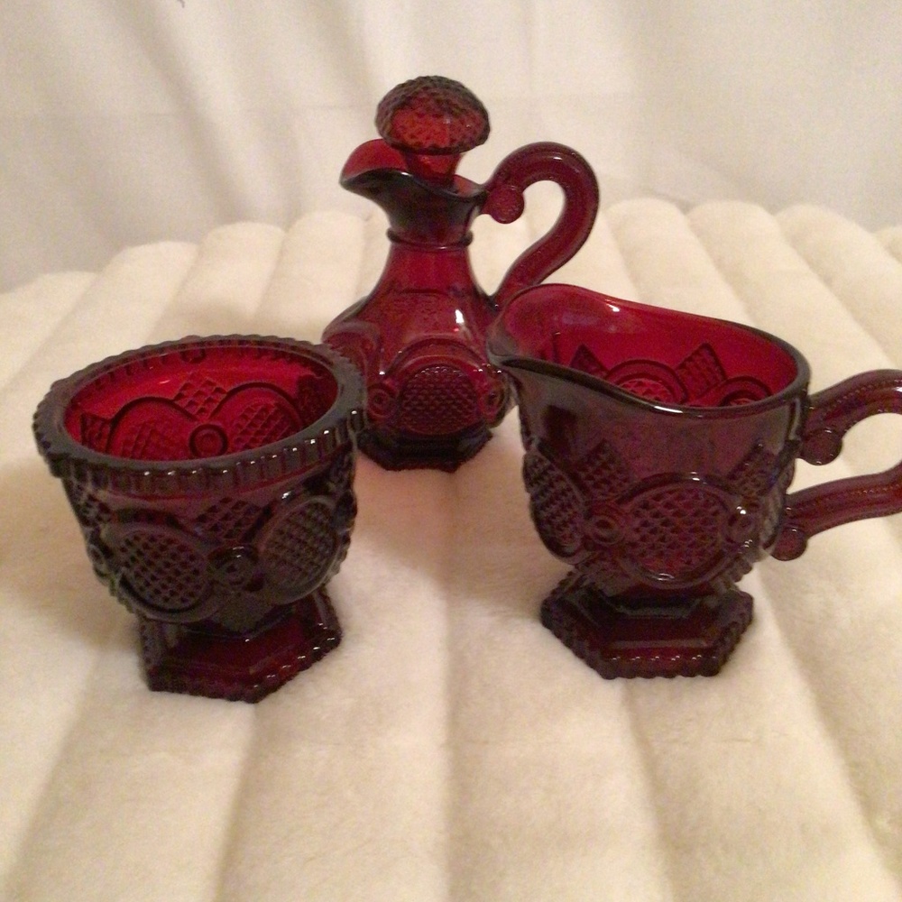 Avon Cape Cod vintage Ruby red creamer and sugar set and cruet with stopper